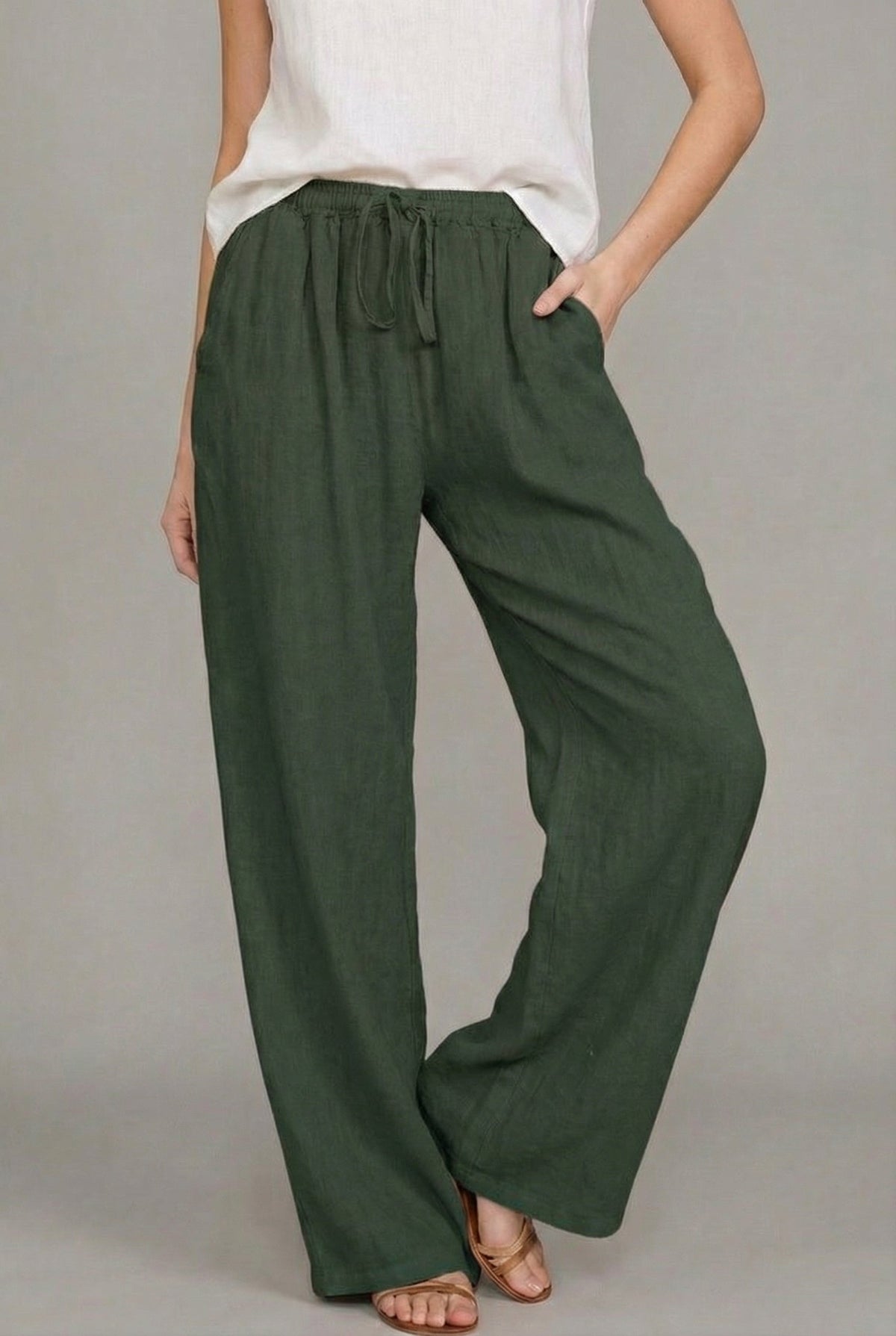 Abril | Pantalón de Lino Pierna Ancha Mujer Cintura Elástica Cordón
