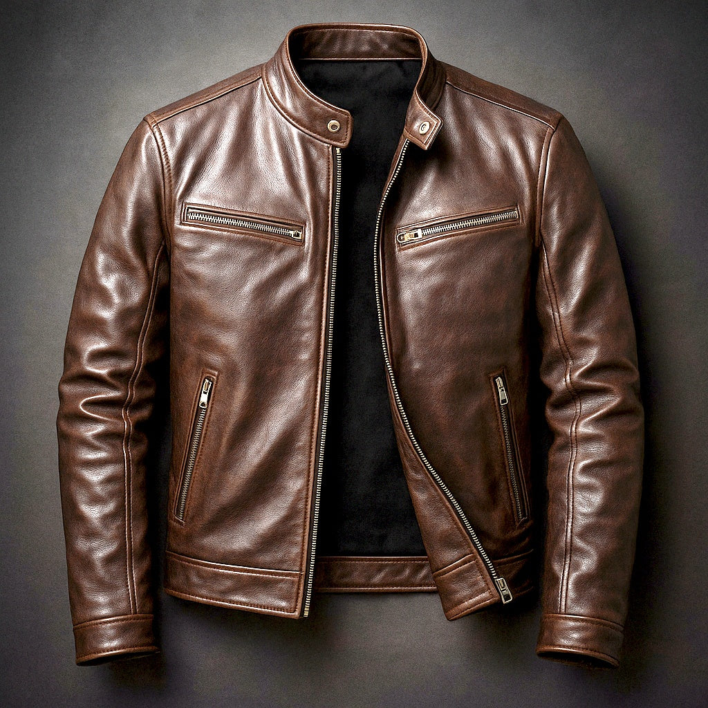 Adrián | Chaqueta de Cuero Hombre Cuello Mao Cremallera