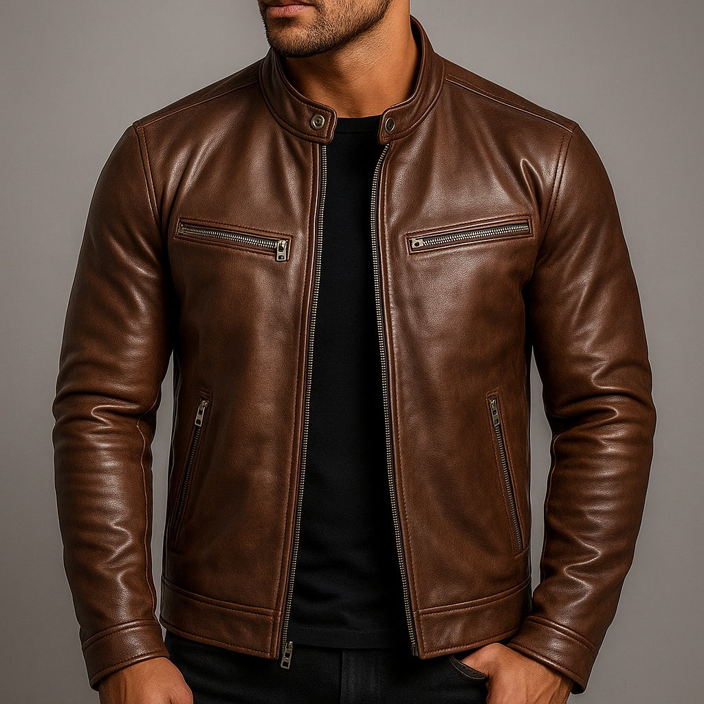 Adrián | Chaqueta de Cuero Hombre Cuello Mao Cremallera