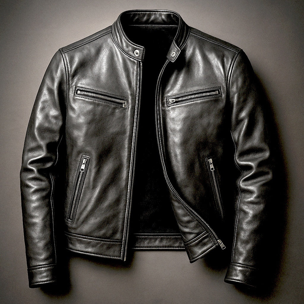 Adrián | Chaqueta de Cuero Hombre Cuello Mao Cremallera