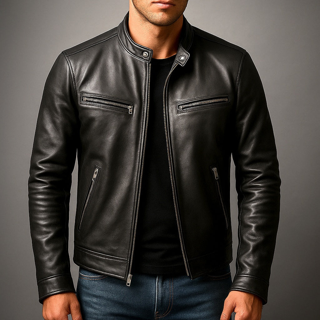 Adrián | Chaqueta de Cuero Hombre Cuello Mao Cremallera