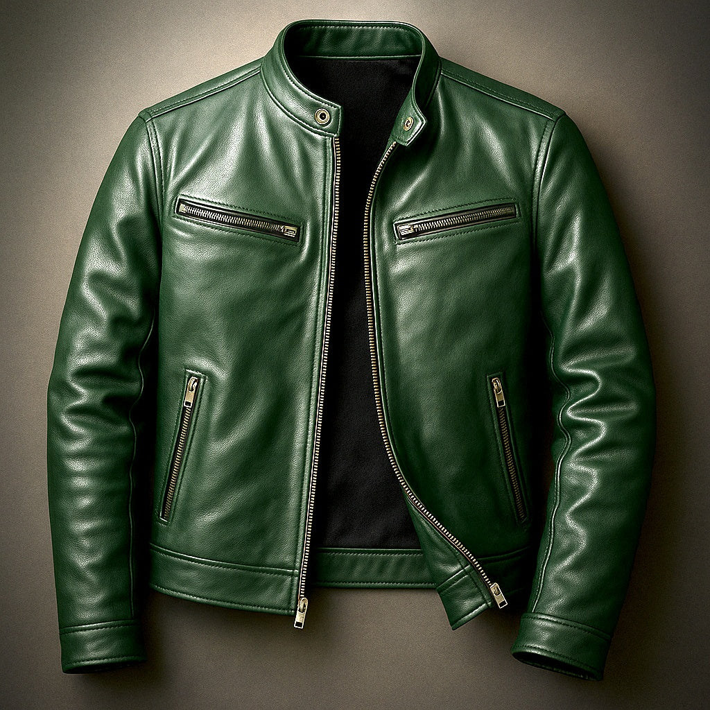 Adrián | Chaqueta de Cuero Hombre Cuello Mao Cremallera