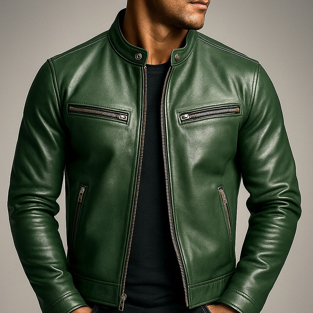 Adrián | Chaqueta de Cuero Hombre Cuello Mao Cremallera