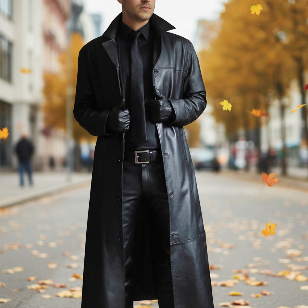 Santiago | Chaqueta de Cuero Larga Hombre Cuello Solapa