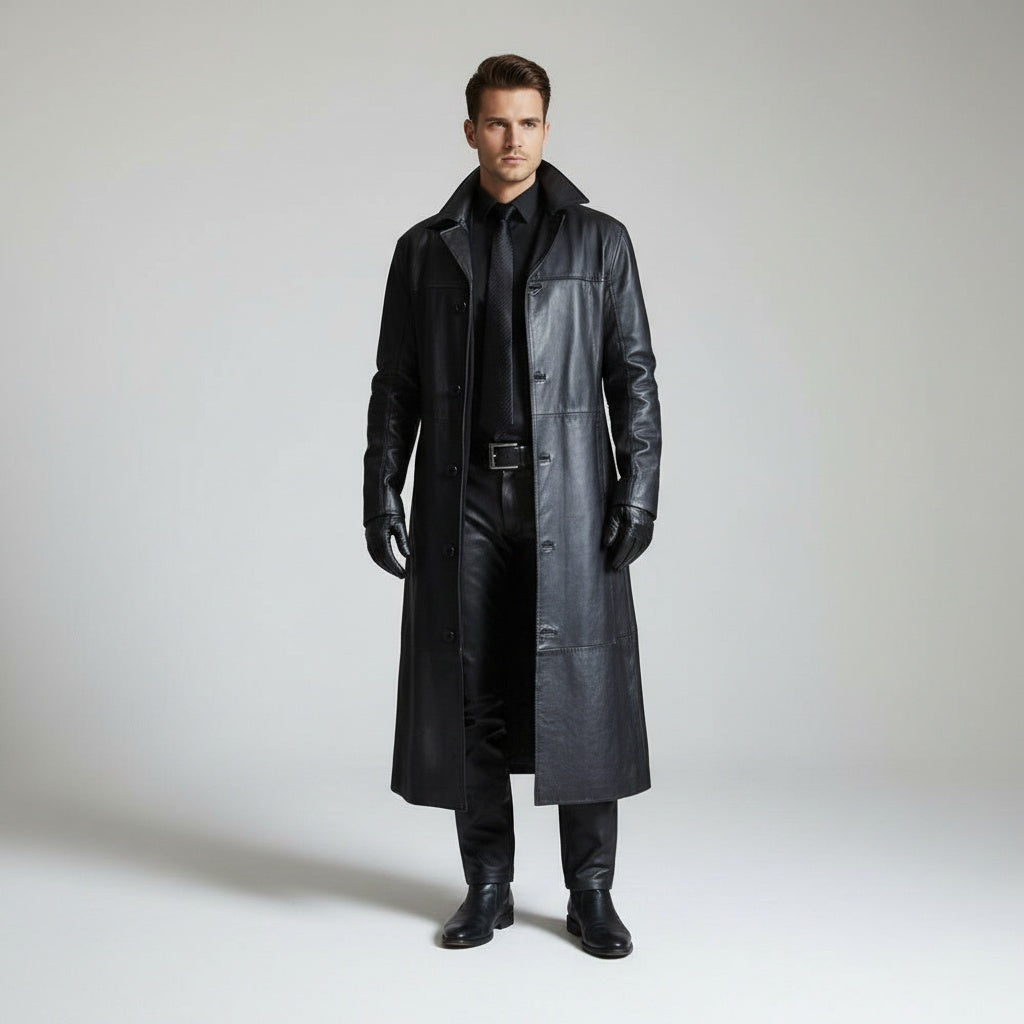 Santiago | Chaqueta de Cuero Larga Hombre Cuello Solapa