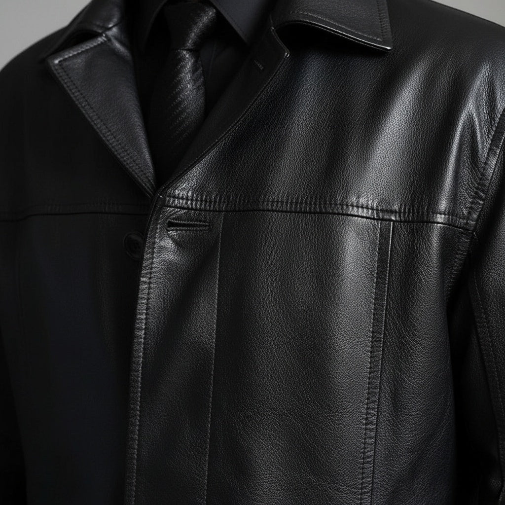Santiago | Chaqueta de Cuero Larga Hombre Cuello Solapa