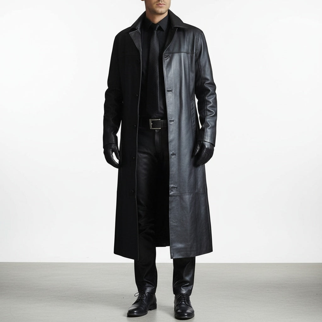 Santiago | Chaqueta de Cuero Larga Hombre Cuello Solapa