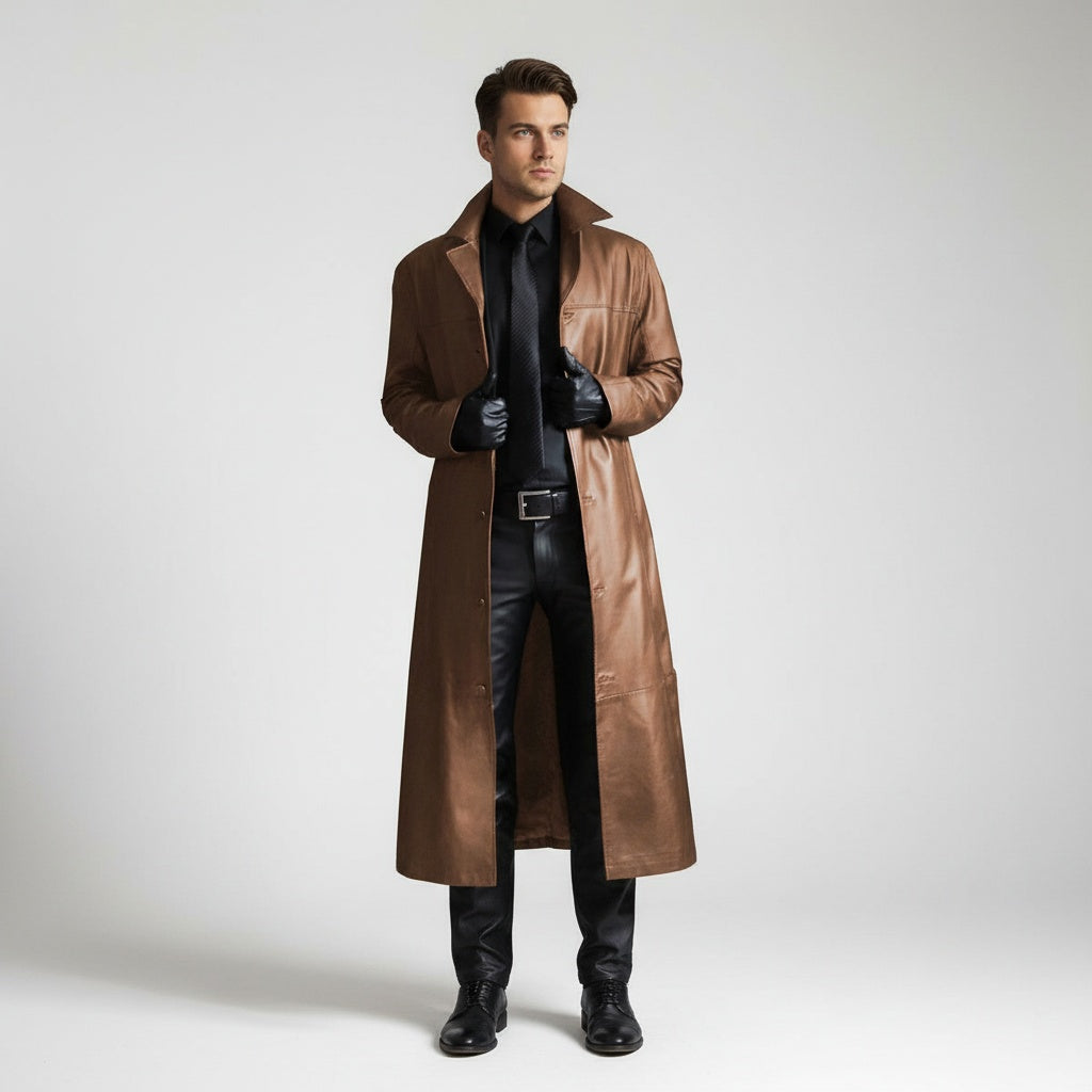 Santiago | Chaqueta de Cuero Larga Hombre Cuello Solapa
