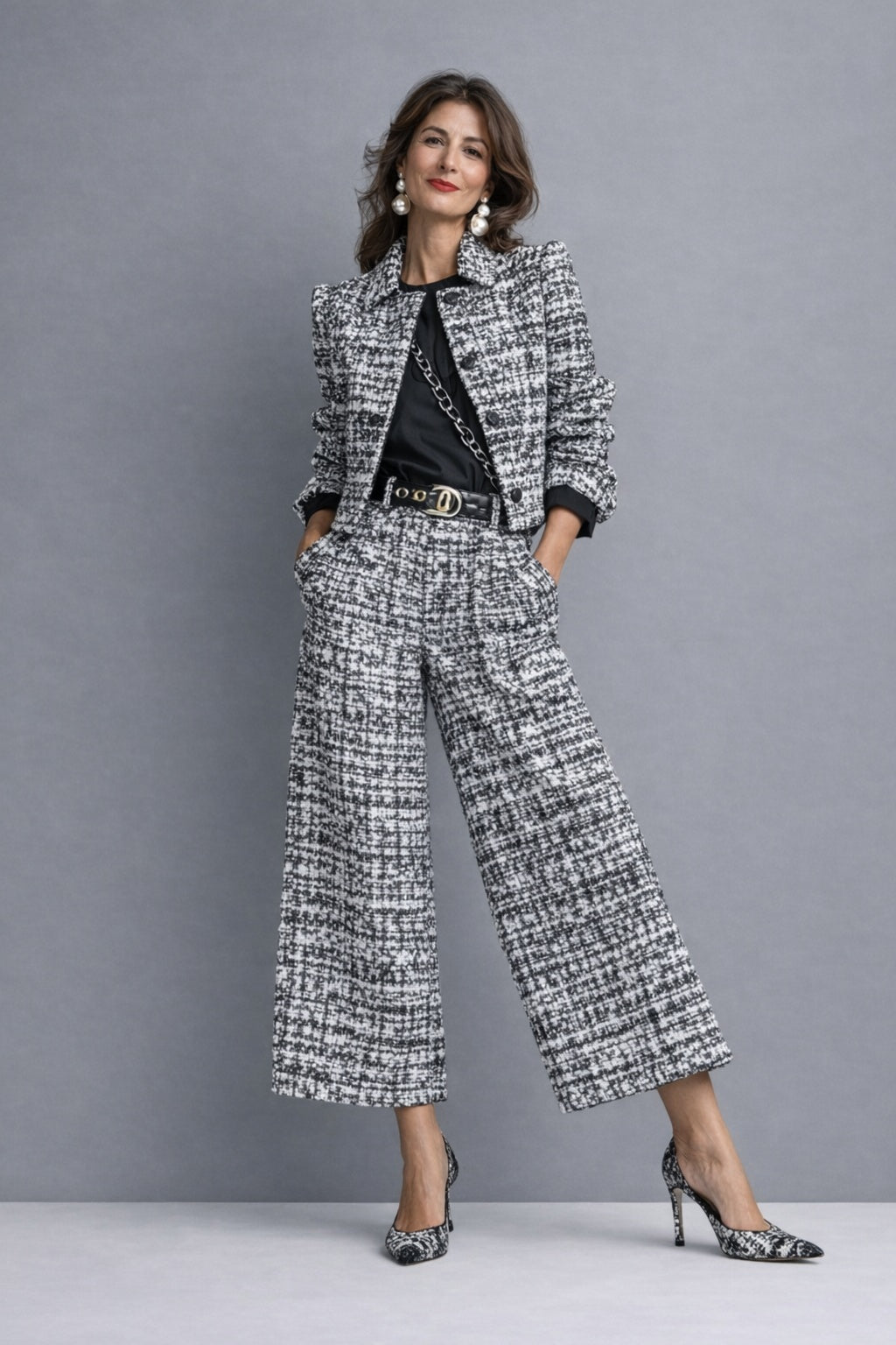 Carolina | Conjunto de Tweed Chaqueta y Pantalón Culotte Mujer Cintura Alta