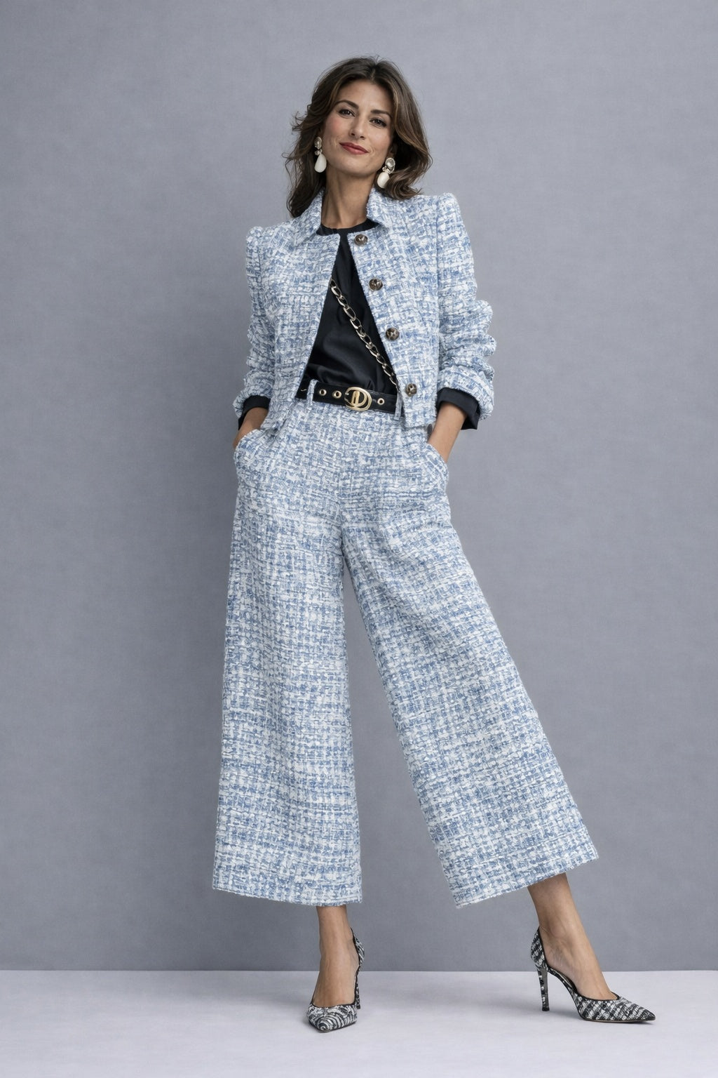 Carolina | Conjunto de Tweed Chaqueta y Pantalón Culotte Mujer Cintura Alta