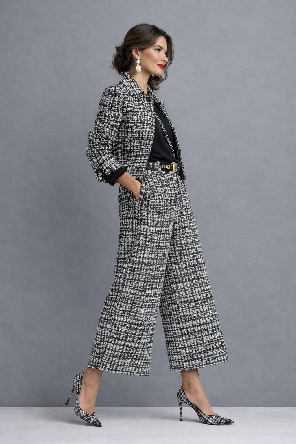 Carolina | Conjunto de Tweed Chaqueta y Pantalón Culotte Mujer Cintura Alta