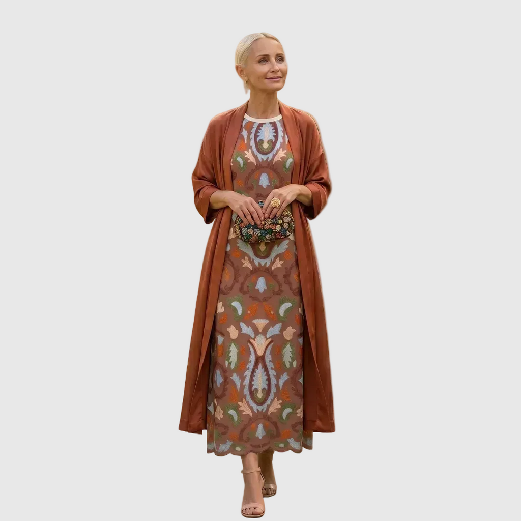 Carolina | Vestido Invitada Invierno Midi Estampado Mujer con Duster a Juego