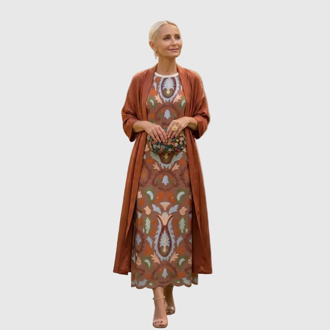 Carolina | Vestido Invitada Invierno Midi Estampado Mujer con Duster a Juego