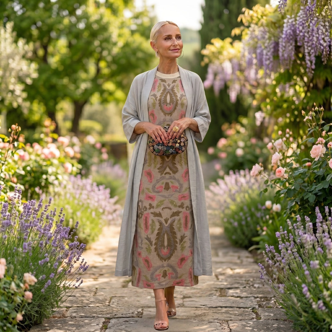 Carolina | Vestido Invitada Invierno Midi Estampado Mujer con Duster a Juego