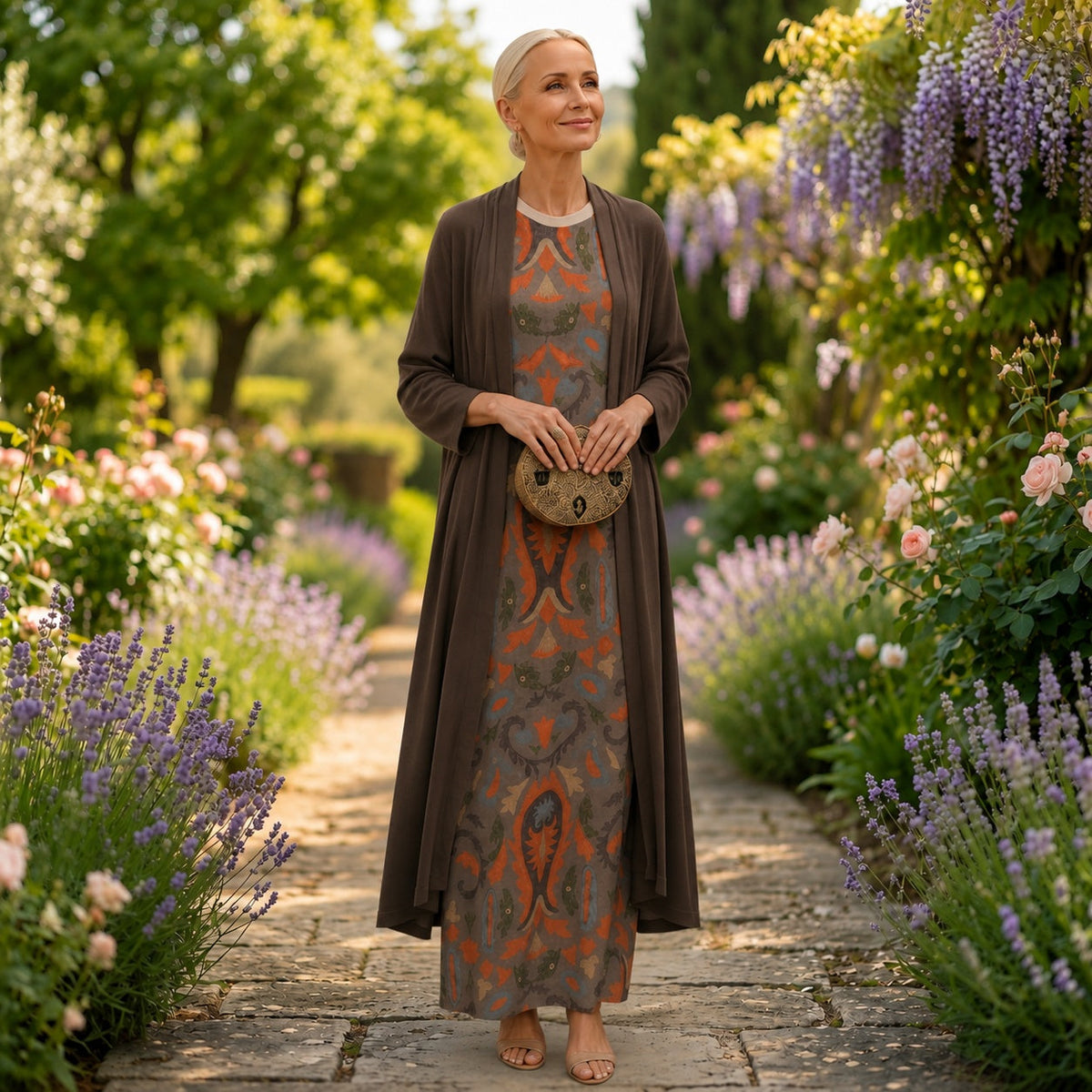 Carolina | Vestido Invitada Invierno Midi Estampado Mujer con Duster a Juego
