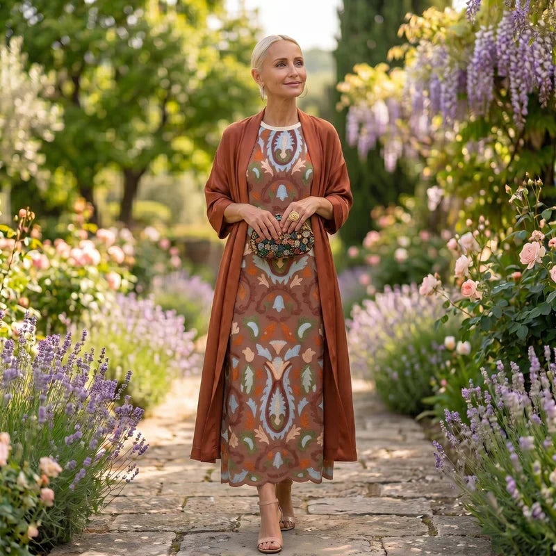 Carolina | Vestido Invitada Invierno Midi Estampado Mujer con Duster a Juego