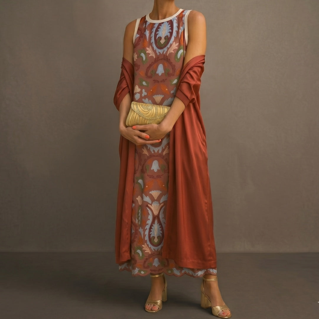 Carolina | Vestido Invitada Invierno Midi Estampado Mujer con Duster a Juego