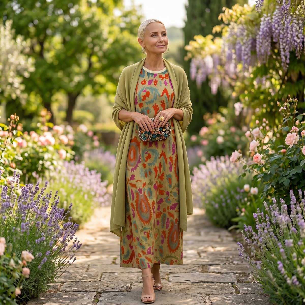 Carolina | Vestido Invitada Invierno Midi Estampado Mujer con Duster a Juego