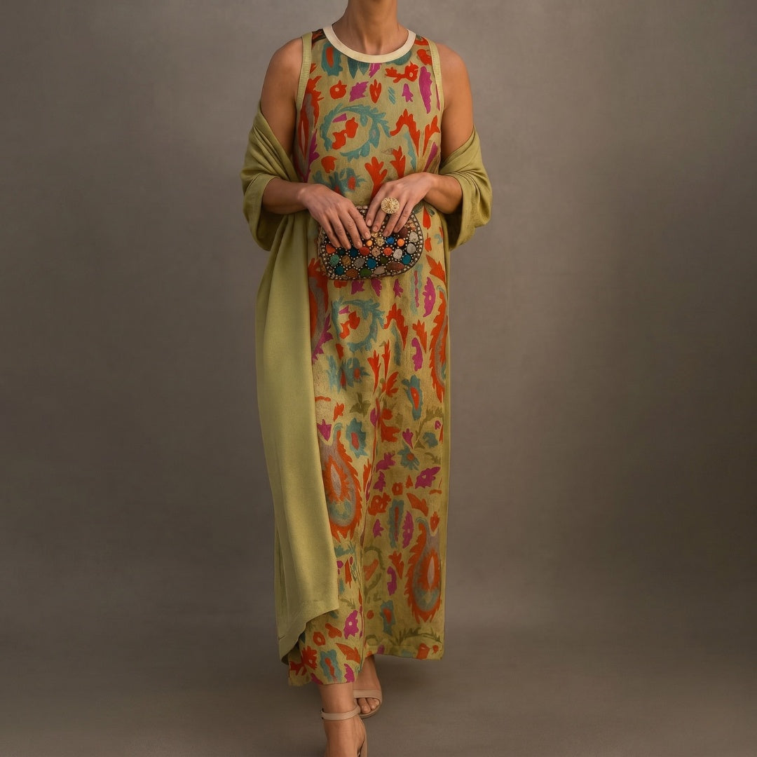 Carolina | Vestido Invitada Invierno Midi Estampado Mujer con Duster a Juego