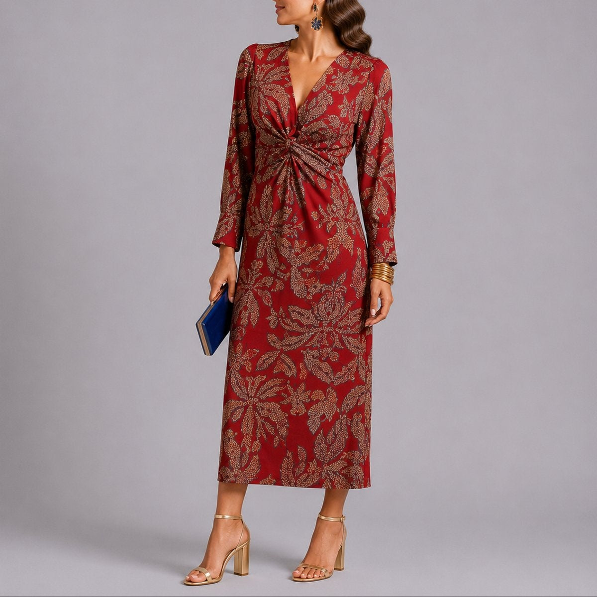 Catalina | Vestido Midi Invitada Invierno Mujer Manga Larga Estampado
