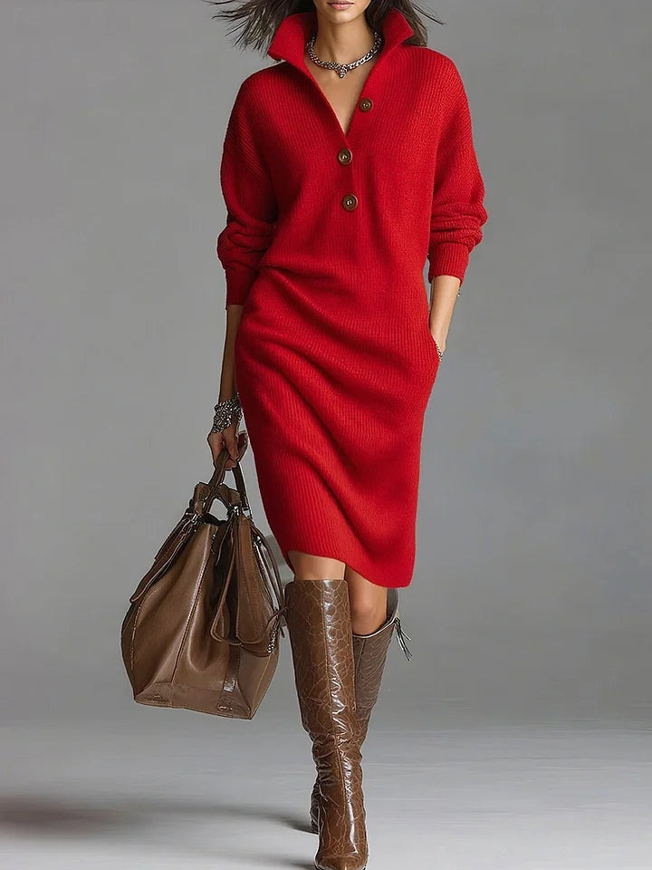 Delia | Vestido Tejido de Invierno Mujer Manga Larga Cuello Botonera