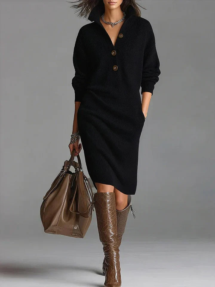 Delia | Vestido Tejido de Invierno Mujer Manga Larga Cuello Botonera