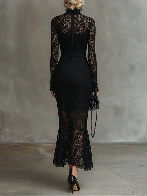 Adriana | Vestido de Encaje Manga Larga Invitada Invierno Mujer Cuello Alto