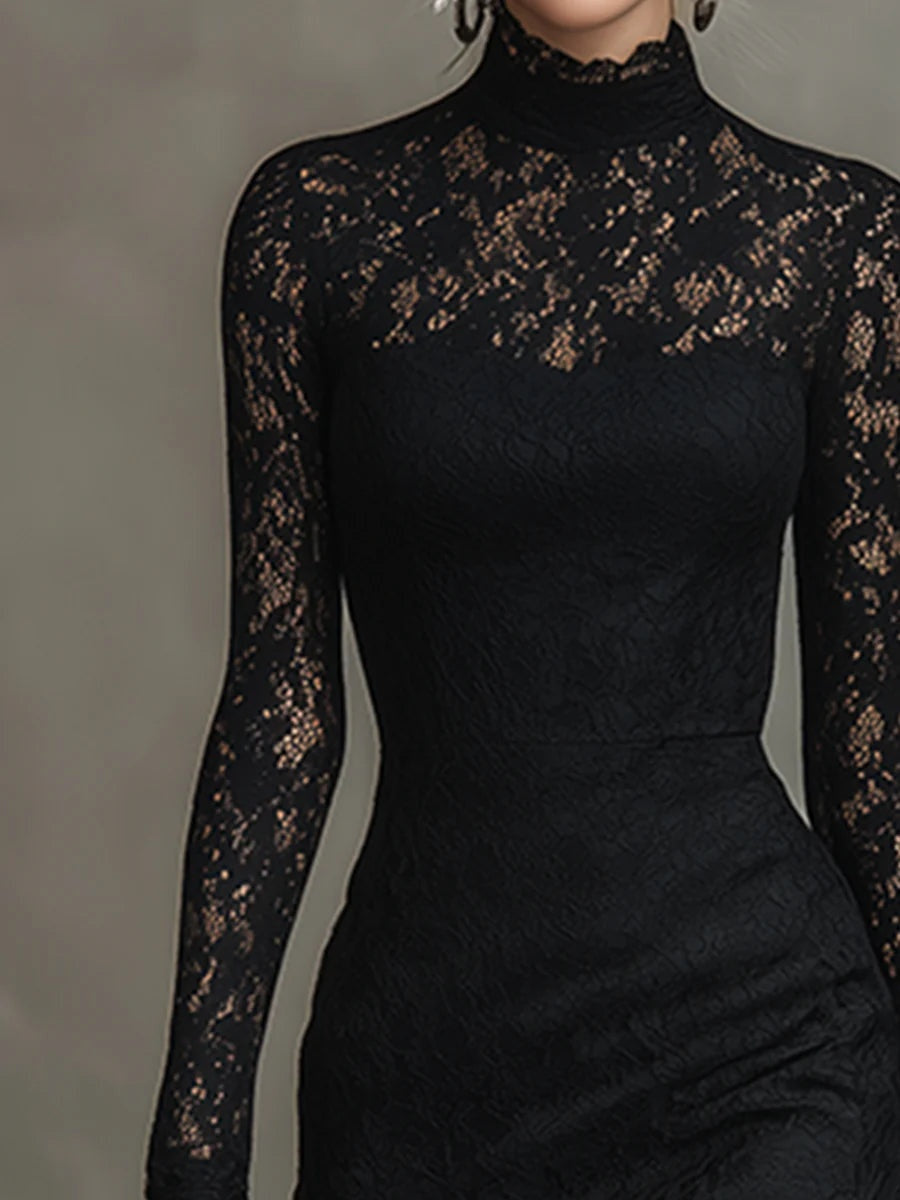 Adriana | Vestido de Encaje Manga Larga Invitada Invierno Mujer Cuello Alto