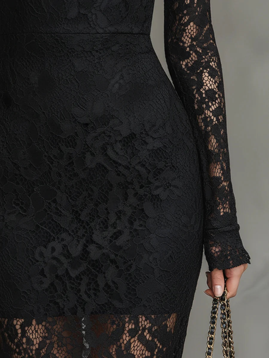 Adriana | Vestido de Encaje Manga Larga Invitada Invierno Mujer Cuello Alto