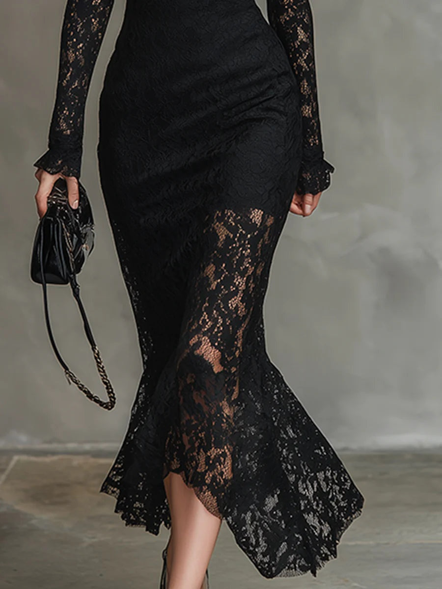 Adriana | Vestido de Encaje Manga Larga Invitada Invierno Mujer Cuello Alto