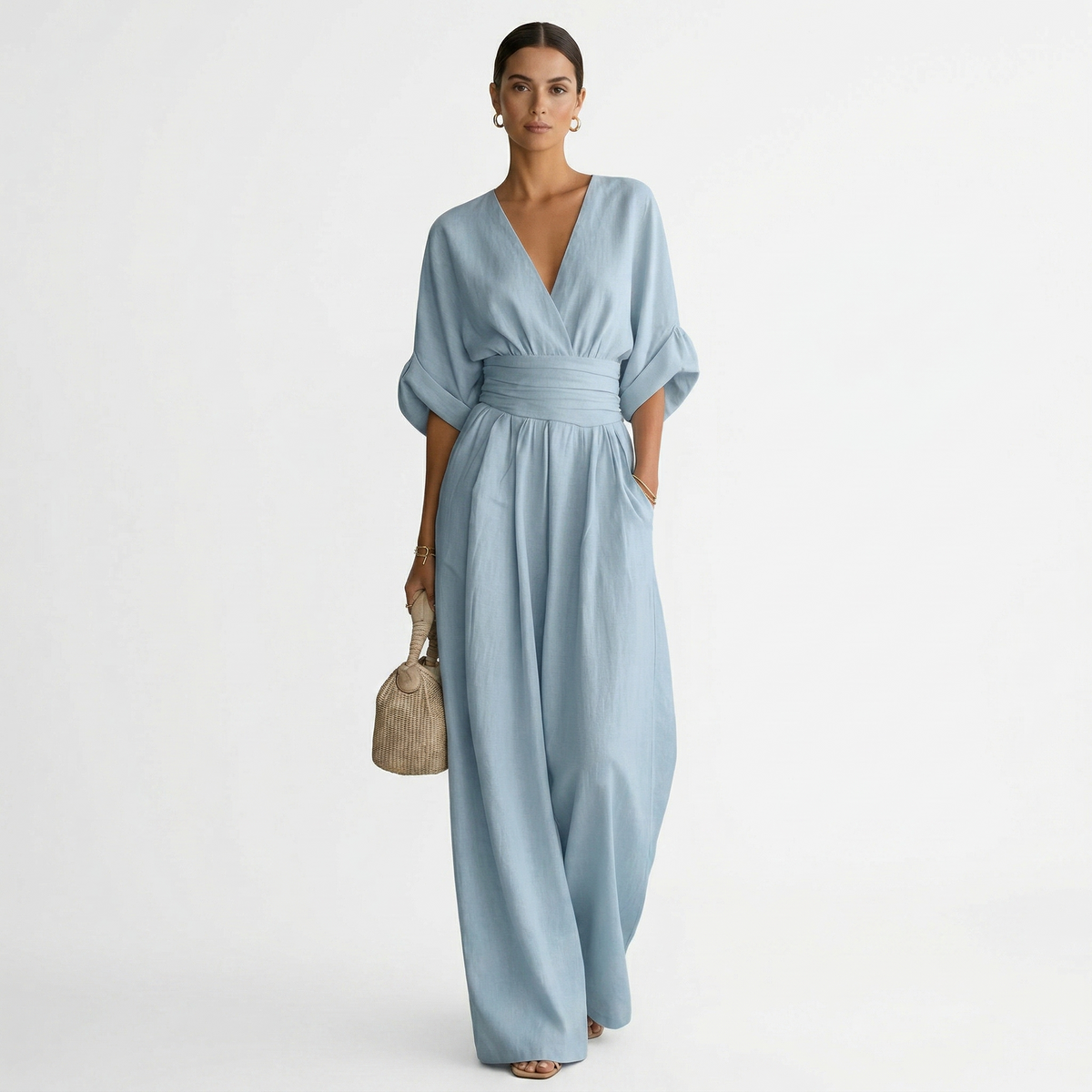 Esperanza | Enterizo Largo Elegante de Lino Mujer Escote V Cinturón