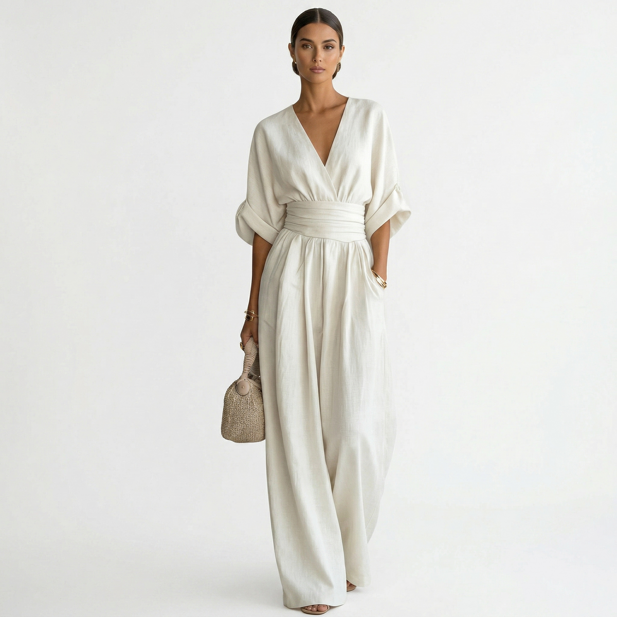 Esperanza | Enterizo Largo Elegante de Lino Mujer Escote V Cinturón