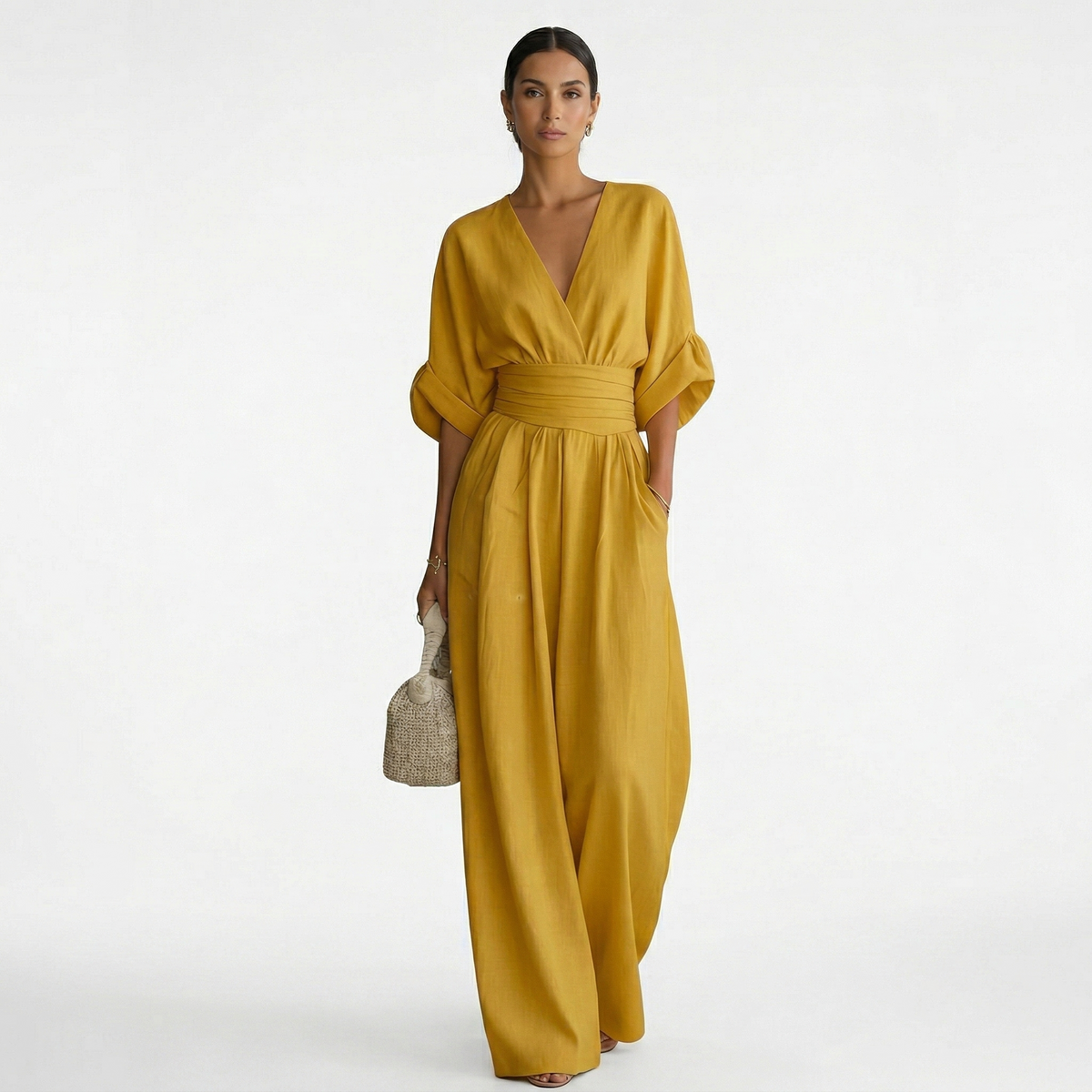 Esperanza | Enterizo Largo Elegante de Lino Mujer Escote V Cinturón