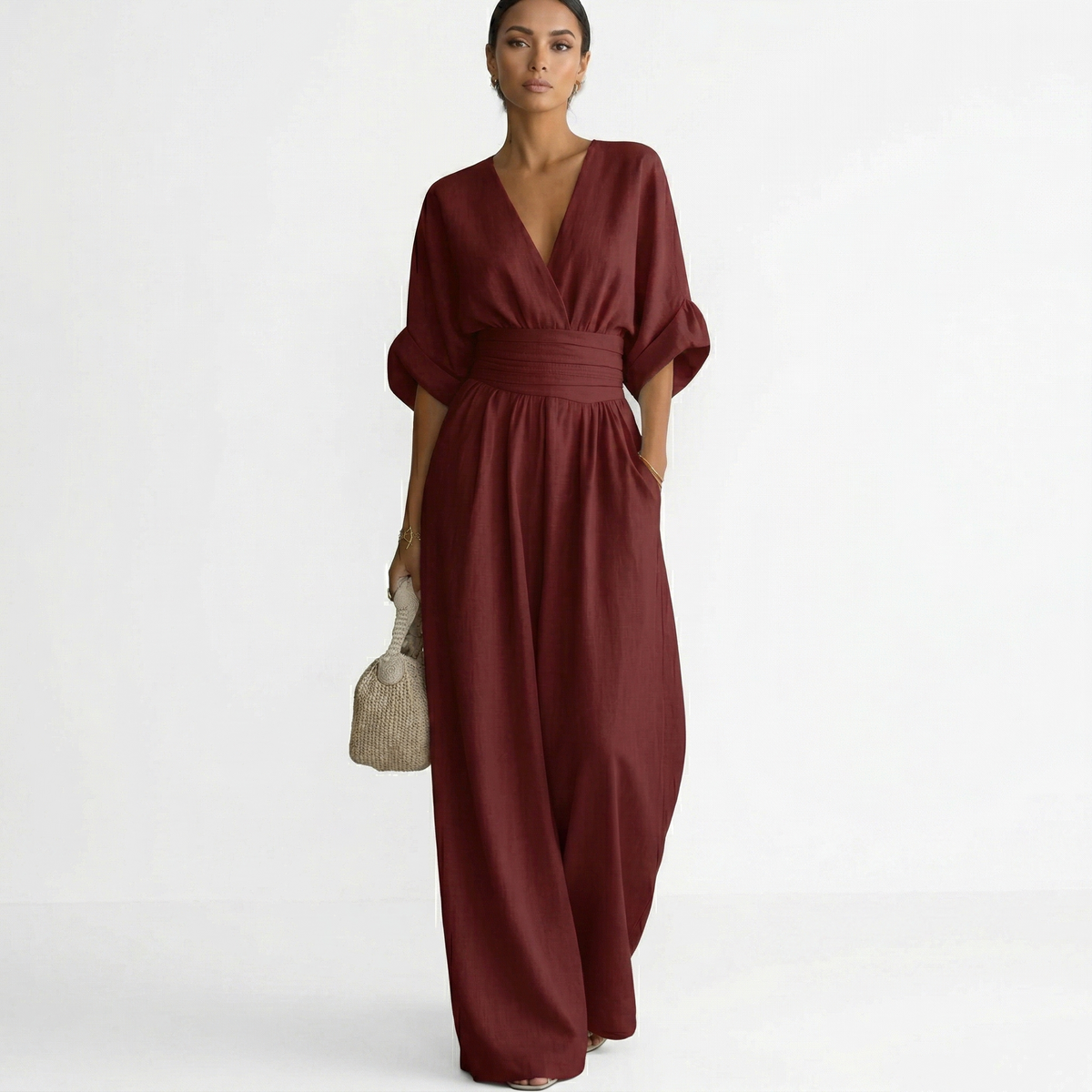 Esperanza | Enterizo Largo Elegante de Lino Mujer Escote V Cinturón