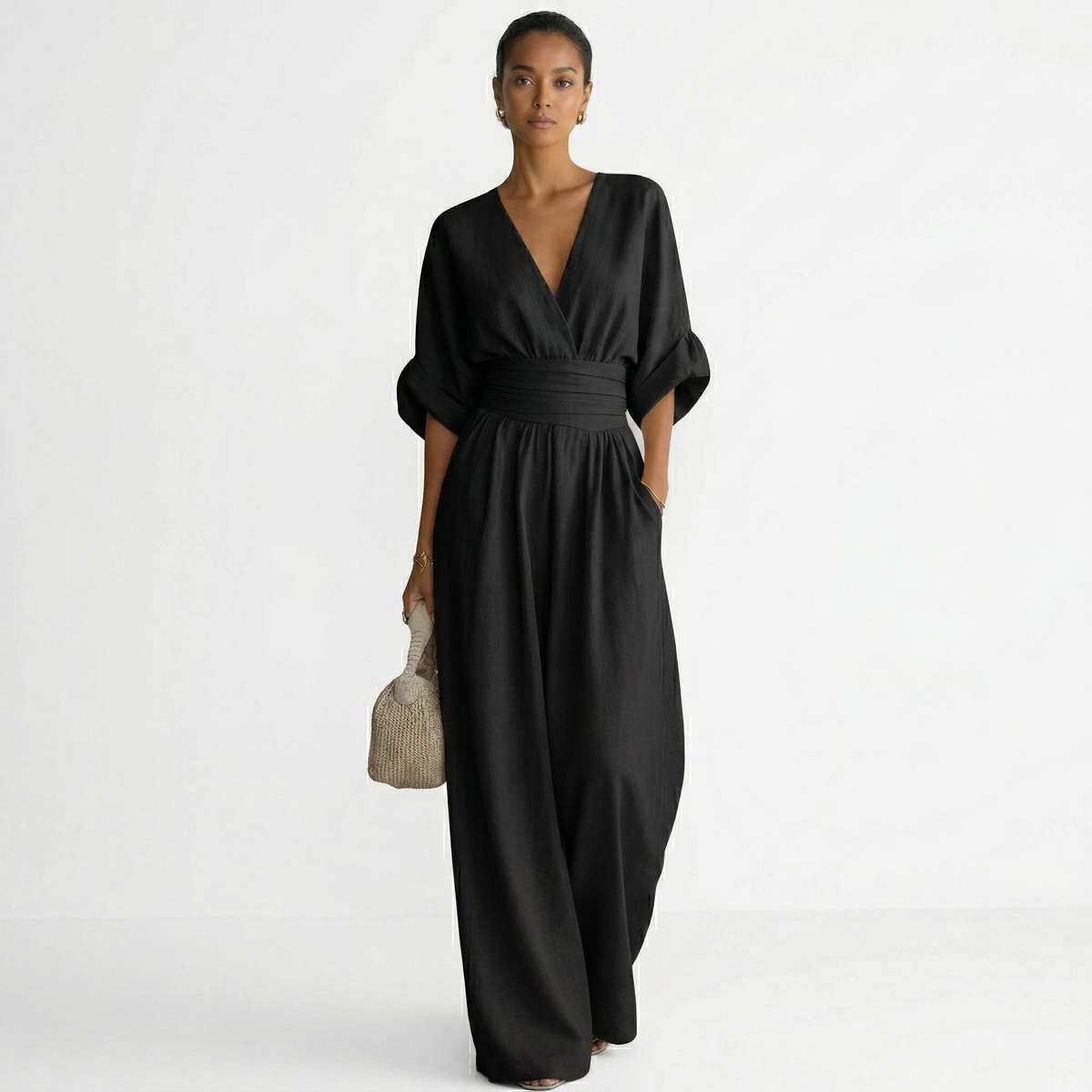 Esperanza | Enterizo Largo Elegante de Lino Mujer Escote V Cinturón