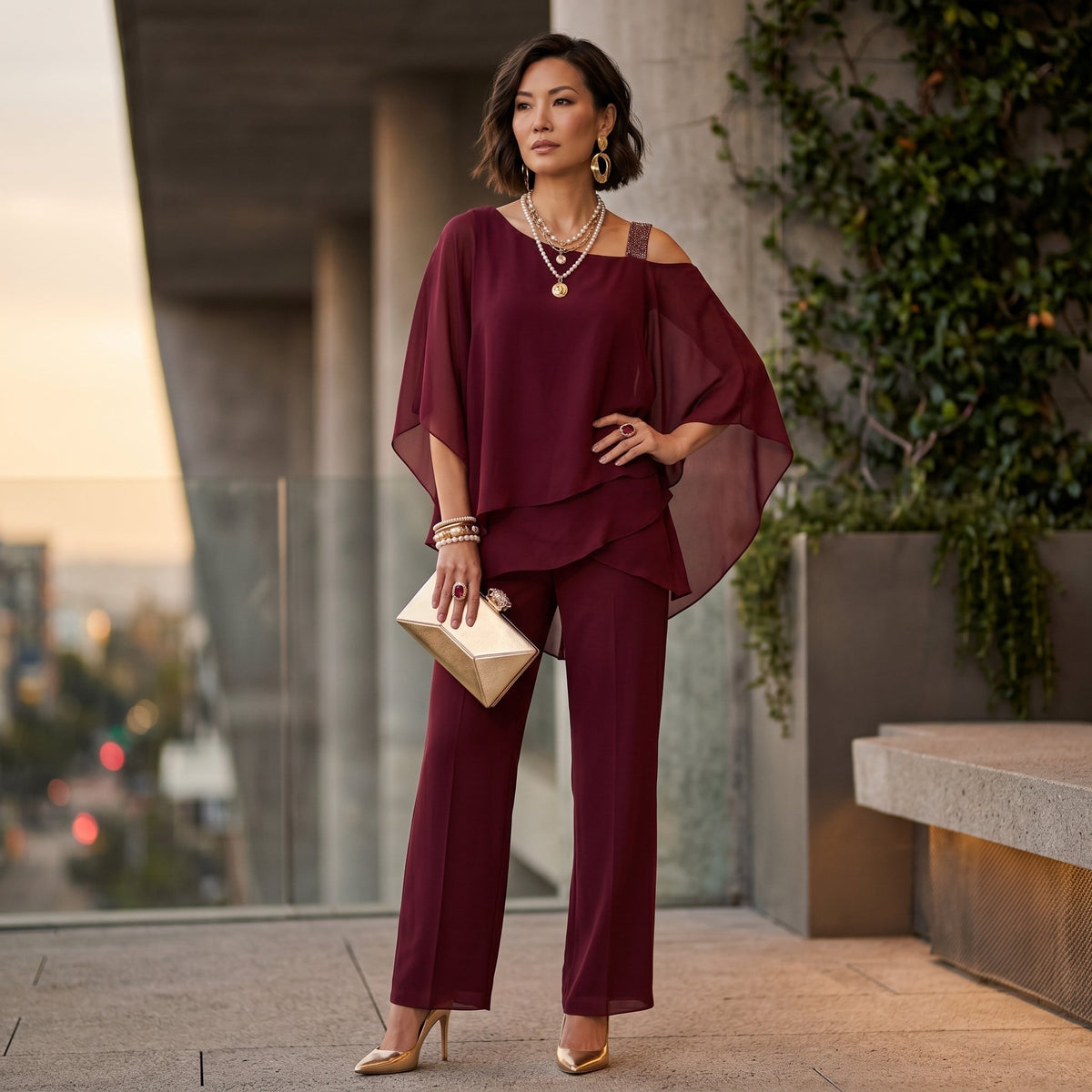Isabella | Conjunto Elegante de Gasa Mujer Escote Asimétrico