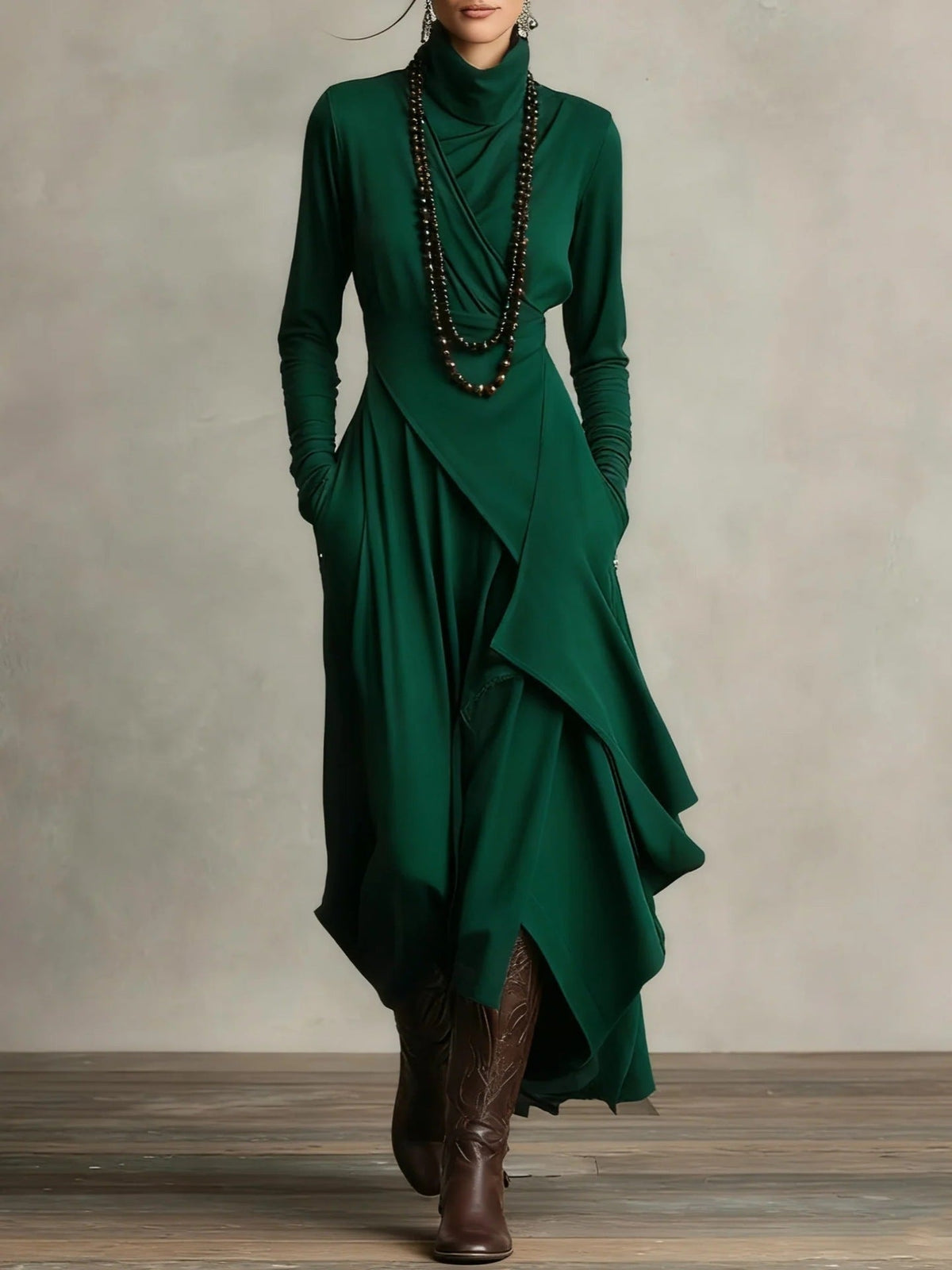 Daniela | Vestido Largo de Invitada Invierno Mujer Cuello Alto Drapeado