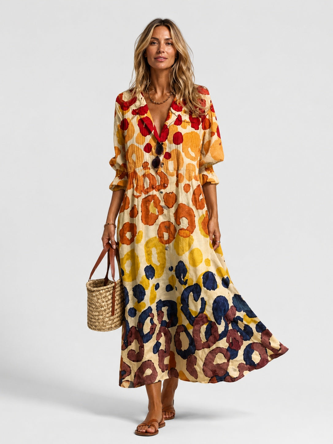 Paola | Vestido Largo Camisero Estampado Mujer Manga Larga Botones