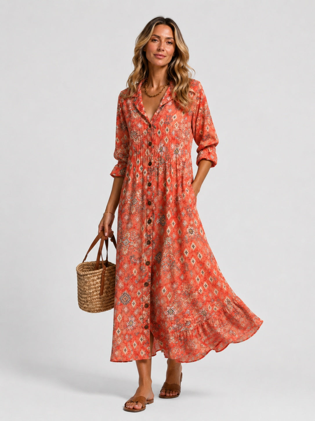 Paola | Vestido Largo Camisero Estampado Mujer Manga Larga Botones
