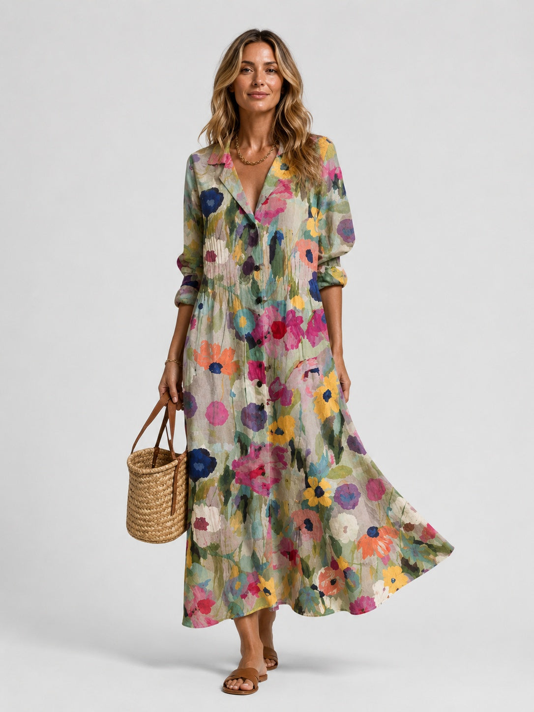 Paola | Vestido Largo Camisero Estampado Mujer Manga Larga Botones