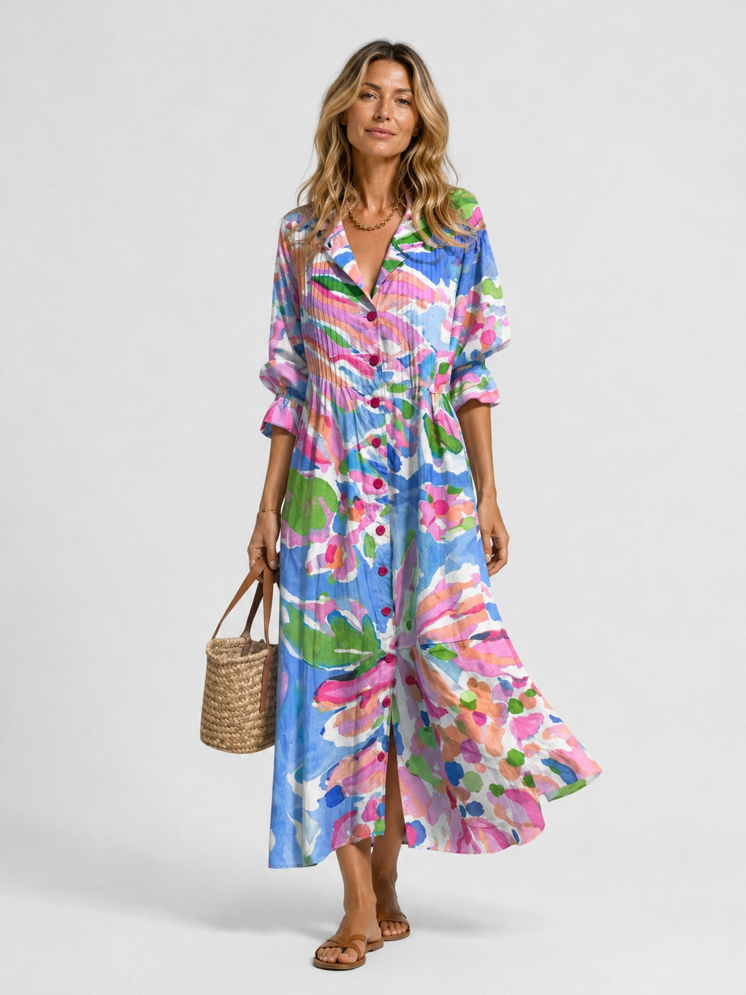 Paola | Vestido Largo Camisero Estampado Mujer Manga Larga Botones