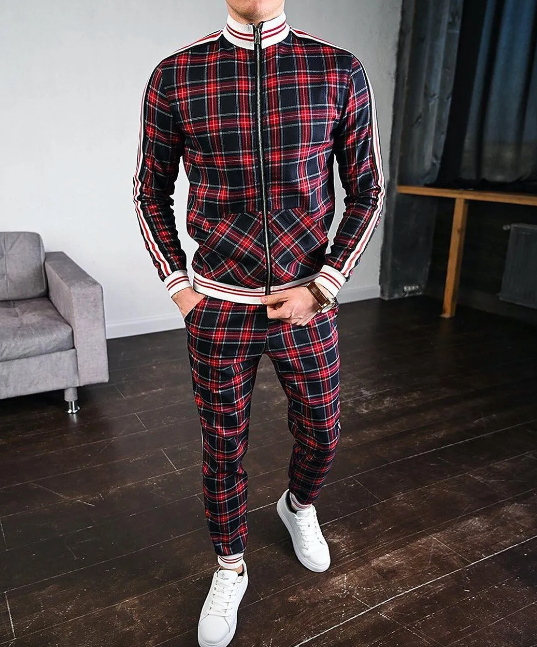 Pedro | Conjunto Deportivo Hombre Estampado de Cuadros Franjas Laterales