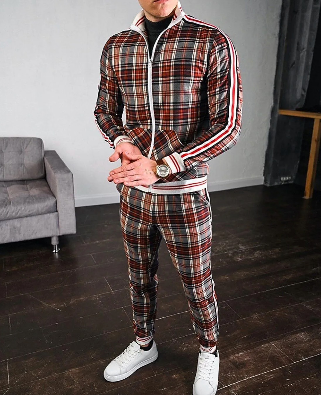 Pedro | Conjunto Deportivo Hombre Estampado de Cuadros Franjas Laterales