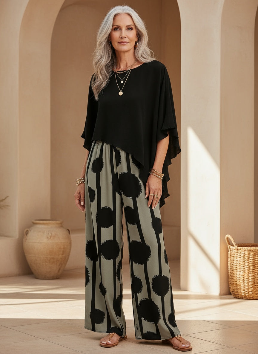 Sara | Conjunto Casual de Dos Piezas Top Asimétrico y Pantalón Pierna Ancha Mujer Estampado