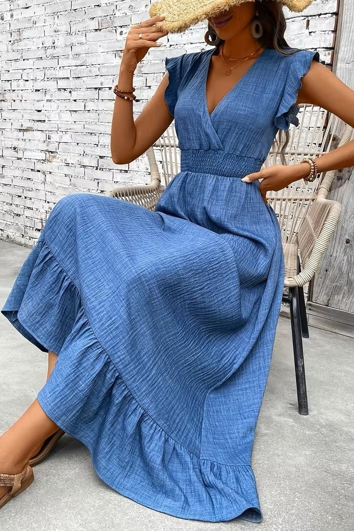 Sofía | Vestido Largo con Volantes Mujer Escote V Cintura Fruncida