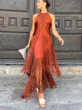 Juliana | Vestido de Fiesta Largo con Flecos Mujer Cuello Halter