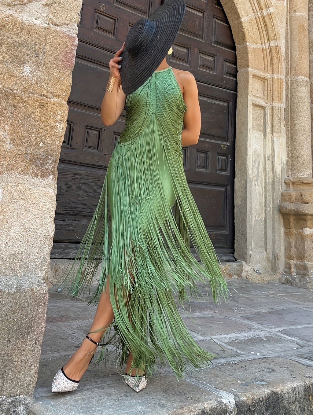 Juliana | Vestido de Fiesta Largo con Flecos Mujer Cuello Halter